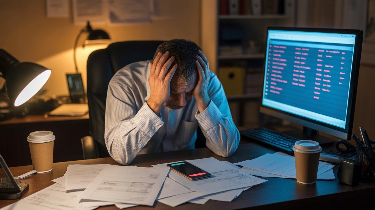 A stressed home service business owner at a desk reviewing missed call logs late at night, with a ringing phone and an empty dispatcher's chair visible in the background representing the revenue lost when calls go unanswered.