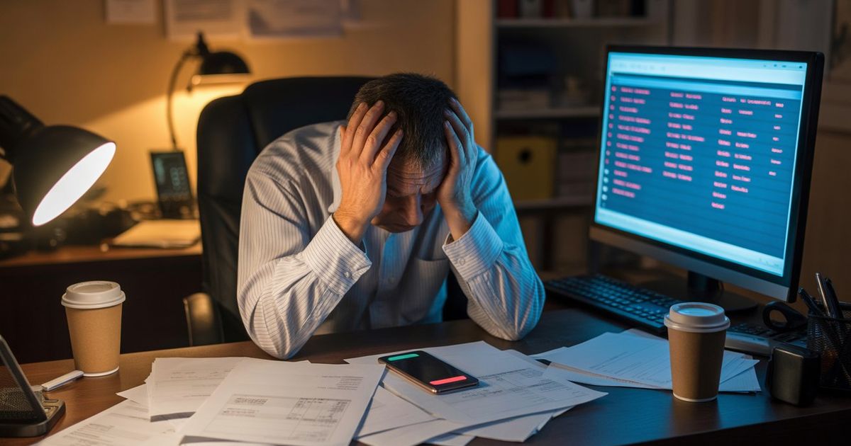A stressed home service business owner at a desk reviewing missed call logs late at night, with a ringing phone and an empty dispatcher's chair visible in the background representing the revenue lost when calls go unanswered.