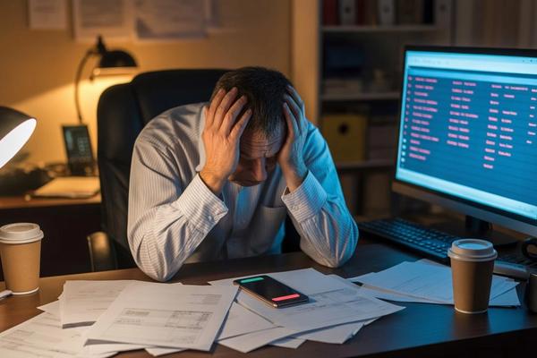 A stressed home service business owner at a desk reviewing missed call logs late at night, with a ringing phone and an empty dispatcher's chair visible in the background representing the revenue lost when calls go unanswered.