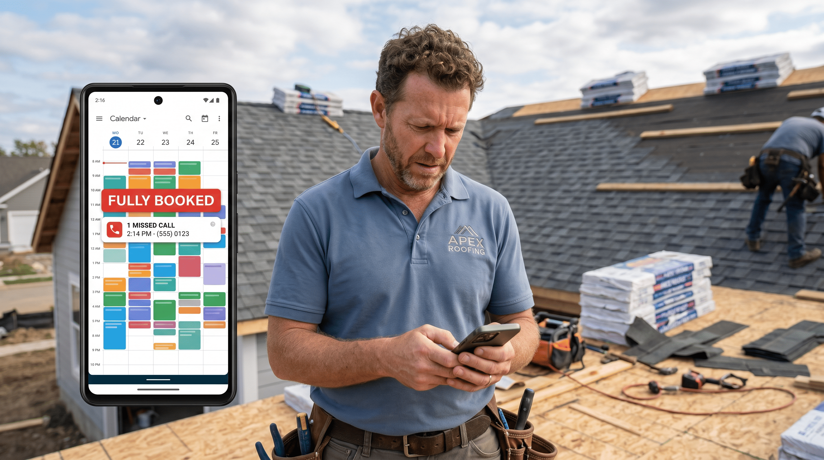 A roofing contractor standing on a job site reviewing a fully booked appointment schedule on his phone, with a missed call notification visible — illustrating the challenge home service business owners face when choosing the right AI receptionist to capture leads while working in the field.