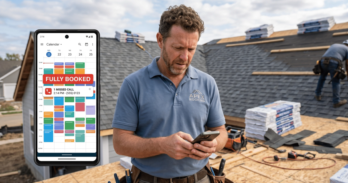 A roofing contractor standing on a job site reviewing a fully booked appointment schedule on his phone, with a missed call notification visible — illustrating the challenge home service business owners face when choosing the right AI receptionist to capture leads while working in the field.