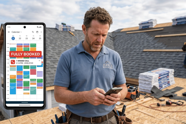 A roofing contractor standing on a job site reviewing a fully booked appointment schedule on his phone, with a missed call notification visible — illustrating the challenge home service business owners face when choosing the right AI receptionist to capture leads while working in the field.