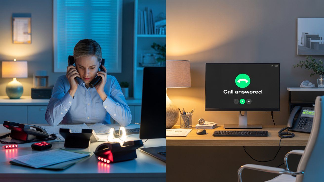 A split-screen image showing a home service dispatcher overwhelmed by a ringing multi-line phone on one side, and a calm, organized home office setup with a glowing "call answered" notification on the other — representing the contrast between missed calls and a properly scripted AI receptionist handling every inbound call instantly.