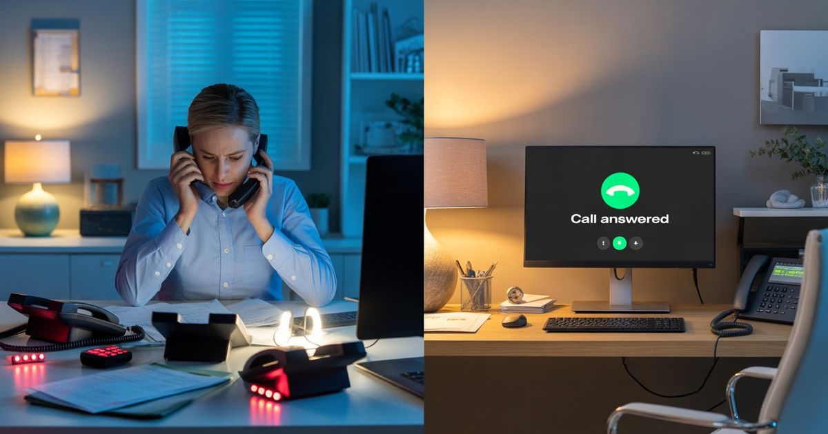 A split-screen image showing a home service dispatcher overwhelmed by a ringing multi-line phone on one side, and a calm, organized home office setup with a glowing "call answered" notification on the other — representing the contrast between missed calls and a properly scripted AI receptionist handling every inbound call instantly.