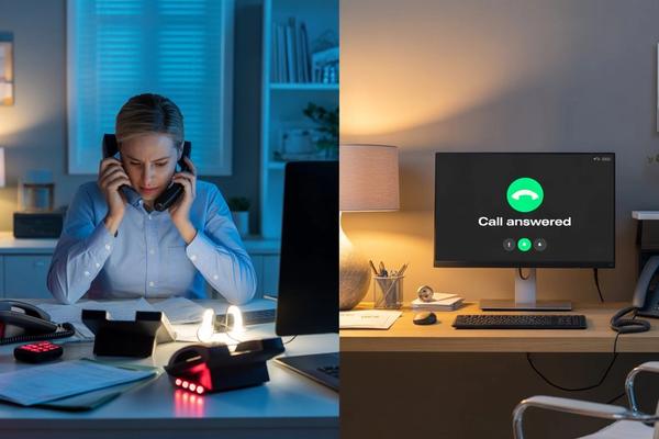 A split-screen image showing a home service dispatcher overwhelmed by a ringing multi-line phone on one side, and a calm, organized home office setup with a glowing "call answered" notification on the other — representing the contrast between missed calls and a properly scripted AI receptionist handling every inbound call instantly.