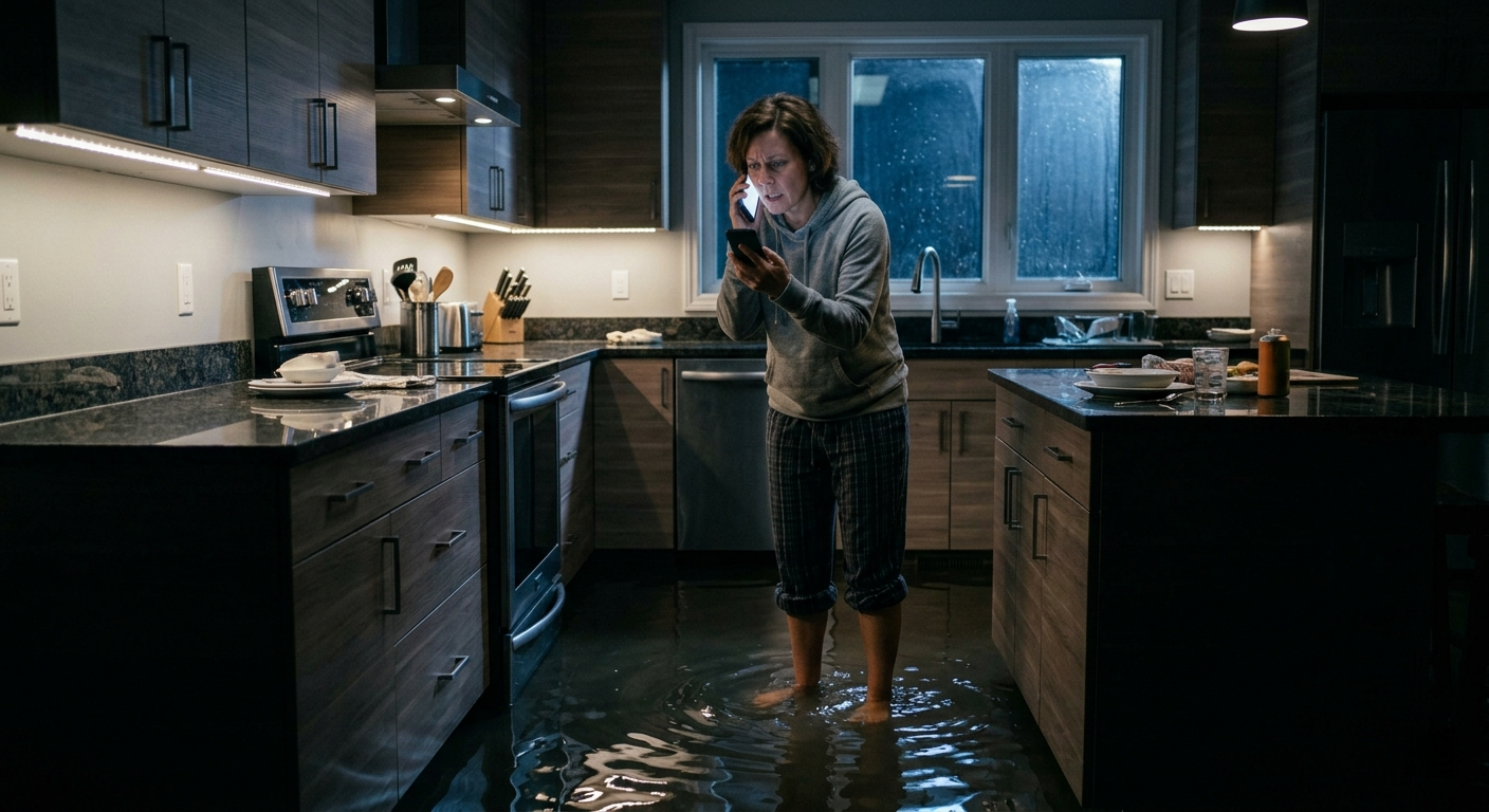 A homeowner standing in a flooded utility room late at night holding a phone, trying to reach an emergency plumber — representing the high-stakes moment home service businesses either capture or lose to a competitor.