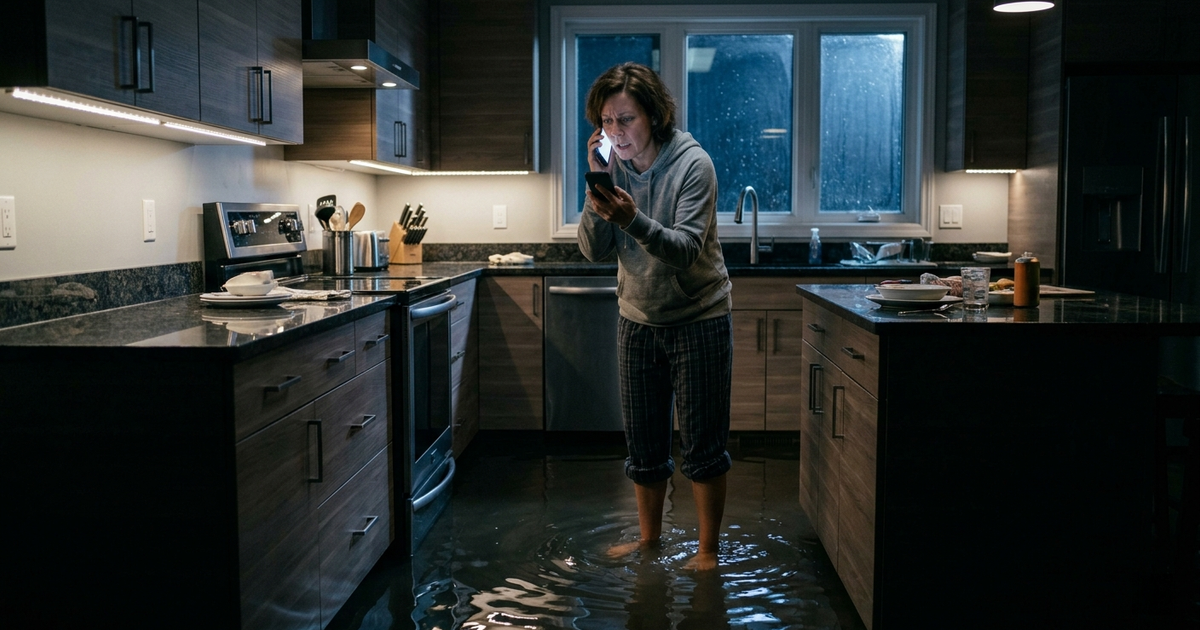 A homeowner standing in a flooded utility room late at night holding a phone, trying to reach an emergency plumber — representing the high-stakes moment home service businesses either capture or lose to a competitor.