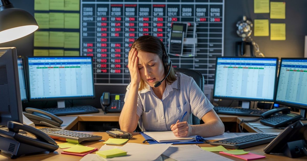 An overwhelmed home service dispatcher at a busy call center with multiple phone lines ringing simultaneously, a whiteboard showing a fully booked schedule in the background, and missed call notifications stacking up on a screen — illustrating the real capacity problem HVAC, plumbing, and roofing contractors face during peak season surges.