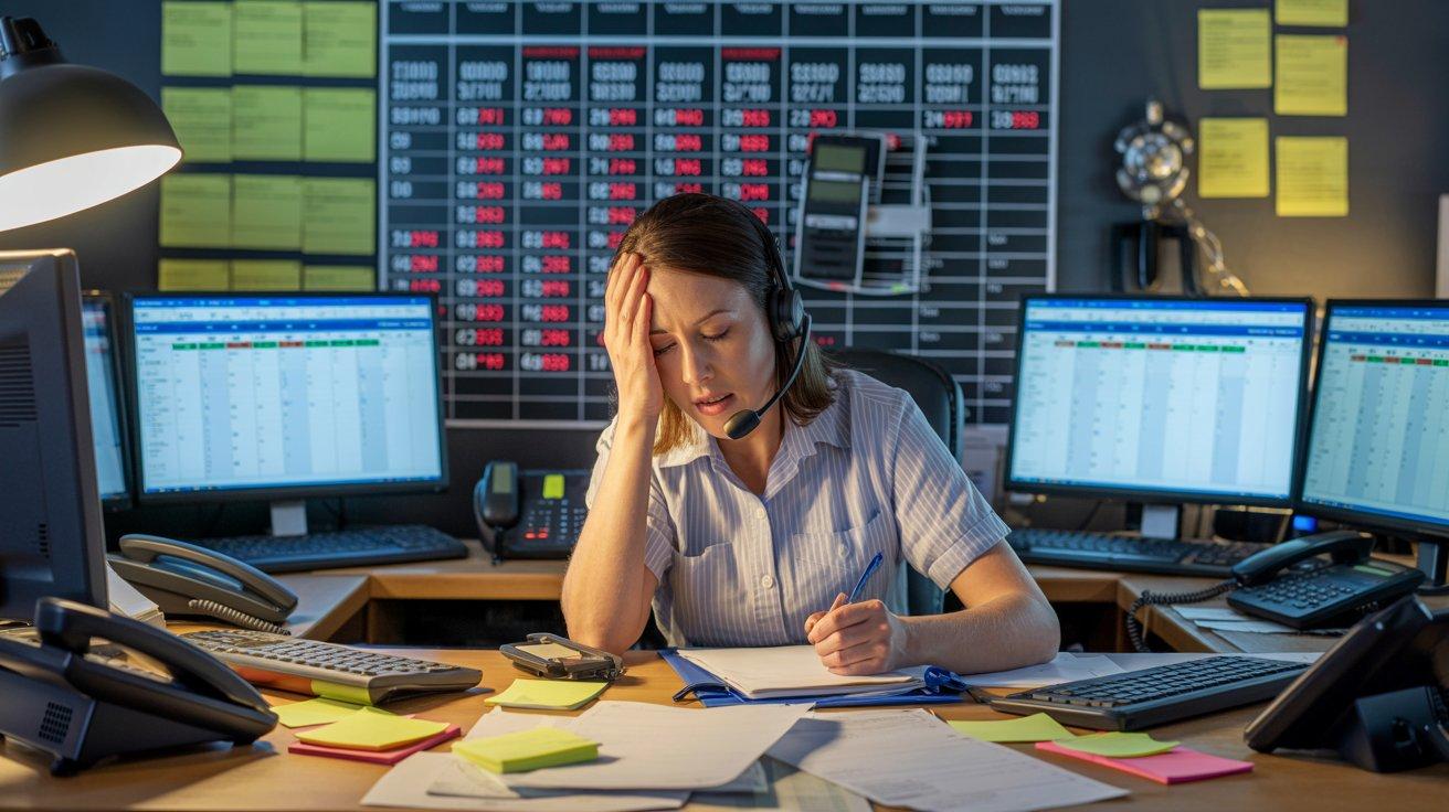 An overwhelmed home service dispatcher at a busy call center with multiple phone lines ringing simultaneously, a whiteboard showing a fully booked schedule in the background, and missed call notifications stacking up on a screen — illustrating the real capacity problem HVAC, plumbing, and roofing contractors face during peak season surges.