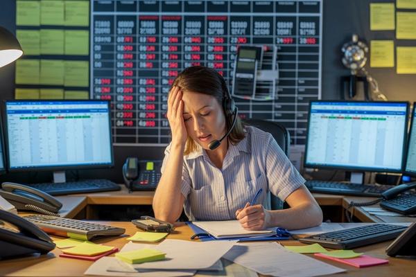 An overwhelmed home service dispatcher at a busy call center with multiple phone lines ringing simultaneously, a whiteboard showing a fully booked schedule in the background, and missed call notifications stacking up on a screen — illustrating the real capacity problem HVAC, plumbing, and roofing contractors face during peak season surges.