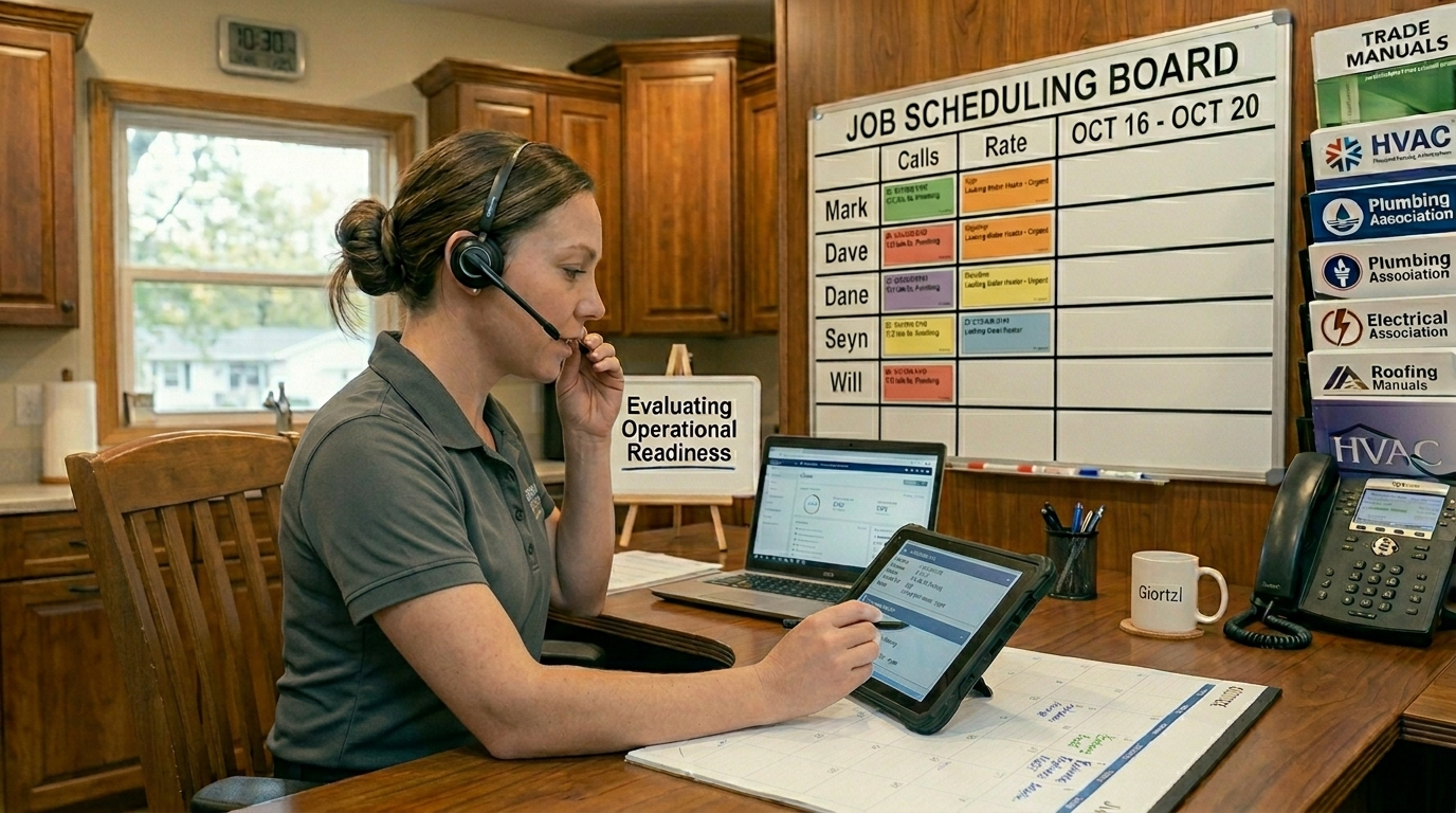 A home service dispatcher reviewing a structured digital call log on a tablet while managing inbound service requests — representing how automated call intake captures complete caller information in real time.