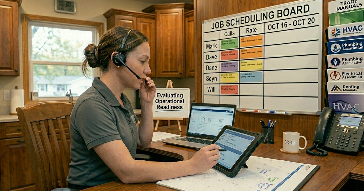 A home service dispatcher reviewing a structured digital call log on a tablet while managing inbound service requests — representing how automated call intake captures complete caller information in real time.