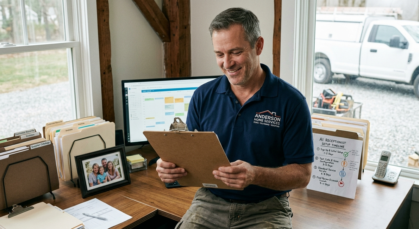 A home service business owner reviewing a simple implementation timeline on a clipboard, looking relieved rather than overwhelmed — representing how straightforward AI receptionist setup can be for HVAC, plumbing, and roofing contractors.