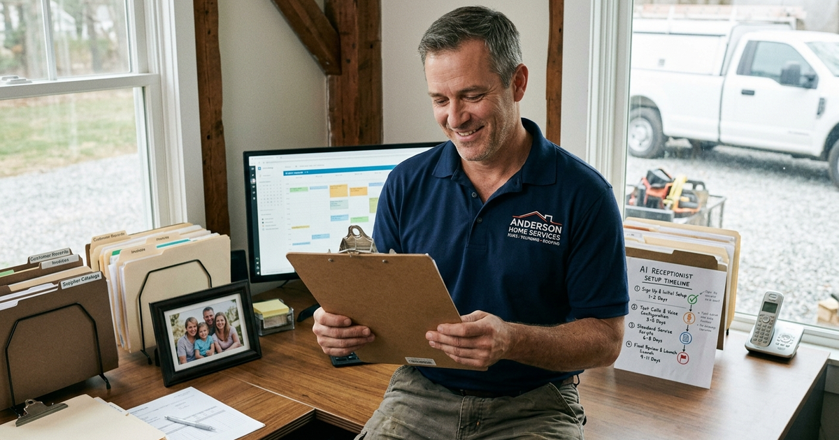 A home service business owner reviewing a simple implementation timeline on a clipboard, looking relieved rather than overwhelmed — representing how straightforward AI receptionist setup can be for HVAC, plumbing, and roofing contractors.