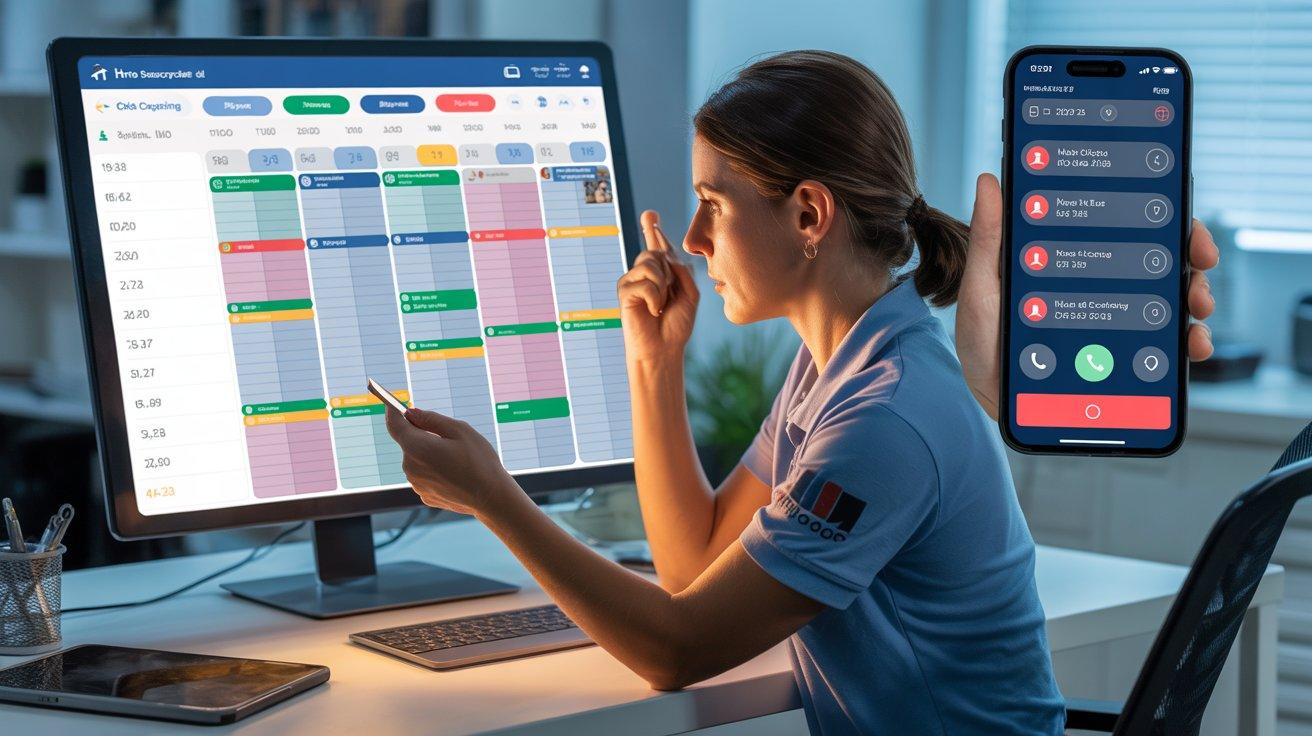 A home service dispatcher reviewing a fully booked job calendar on a computer screen, with a phone showing missed call notifications in the background — illustrating how AI appointment booking fills schedules and recovers lost revenue for HVAC, plumbing, and roofing businesses.