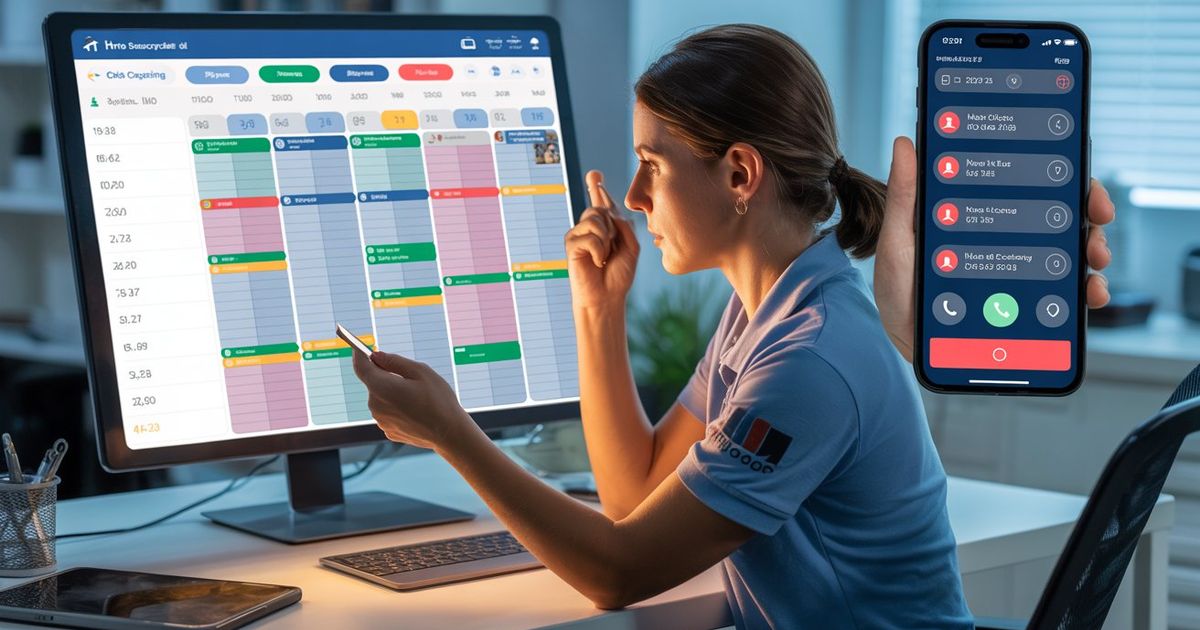 A home service dispatcher reviewing a fully booked job calendar on a computer screen, with a phone showing missed call notifications in the background — illustrating how AI appointment booking fills schedules and recovers lost revenue for HVAC, plumbing, and roofing businesses.