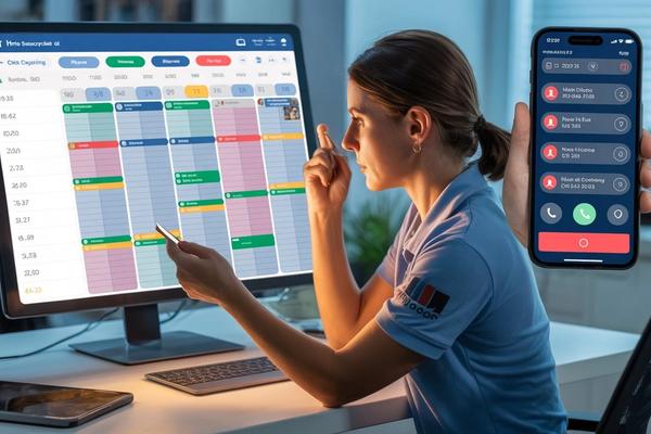 A home service dispatcher reviewing a fully booked job calendar on a computer screen, with a phone showing missed call notifications in the background — illustrating how AI appointment booking fills schedules and recovers lost revenue for HVAC, plumbing, and roofing businesses.