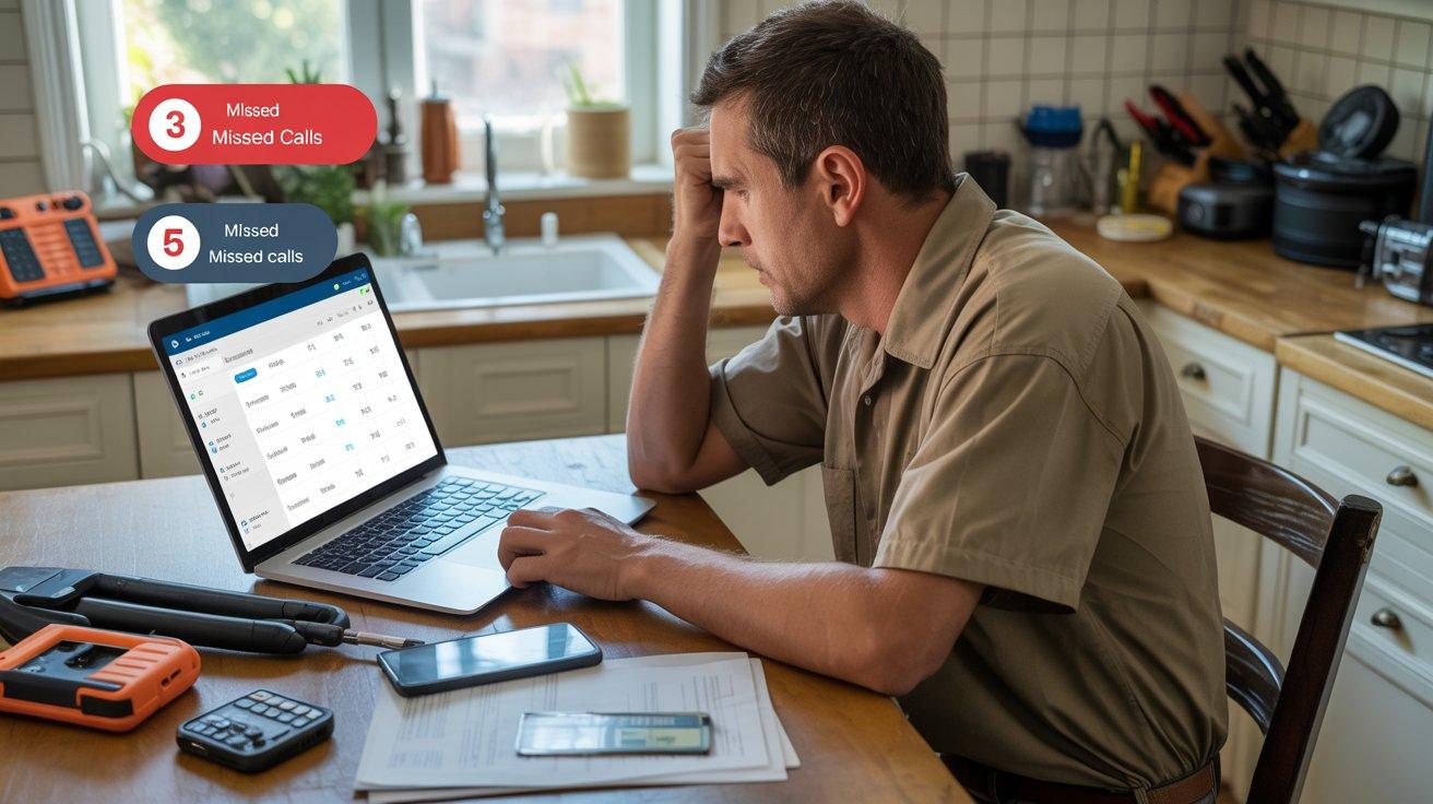 A home-based HVAC contractor sitting at a kitchen table reviewing a job schedule on a laptop, with a phone showing missed call notifications on the counter beside them — illustrating the revenue leak that home-based home service business owners face when calls arrive while they're on job sites or managing operations without dedicated office staff.