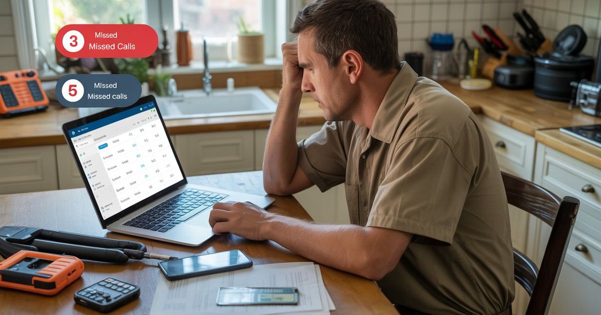 A home-based HVAC contractor sitting at a kitchen table reviewing a job schedule on a laptop, with a phone showing missed call notifications on the counter beside them — illustrating the revenue leak that home-based home service business owners face when calls arrive while they're on job sites or managing operations without dedicated office staff.