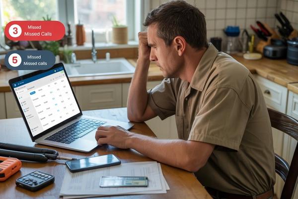 A home-based HVAC contractor sitting at a kitchen table reviewing a job schedule on a laptop, with a phone showing missed call notifications on the counter beside them — illustrating the revenue leak that home-based home service business owners face when calls arrive while they're on job sites or managing operations without dedicated office staff.