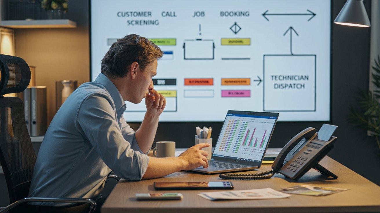 A home service business owner sitting at a desk reviewing call log data on a laptop, with a whiteboard showing a job booking workflow and a phone on the desk — representing the planning and setup process for implementing an AI receptionist in an HVAC, plumbing, or roofing operation.