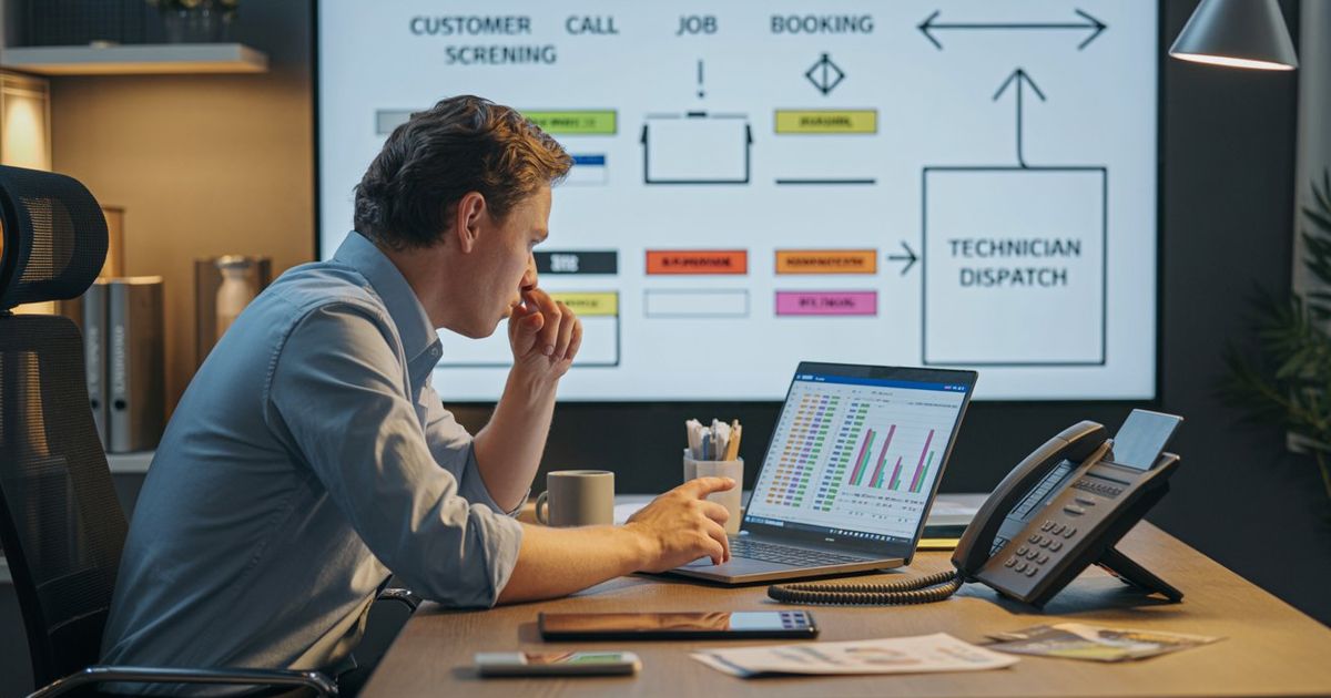 A home service business owner sitting at a desk reviewing call log data on a laptop, with a whiteboard showing a job booking workflow and a phone on the desk — representing the planning and setup process for implementing an AI receptionist in an HVAC, plumbing, or roofing operation.