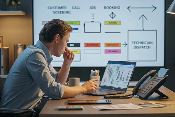 A home service business owner sitting at a desk reviewing call log data on a laptop, with a whiteboard showing a job booking workflow and a phone on the desk — representing the planning and setup process for implementing an AI receptionist in an HVAC, plumbing, or roofing operation.