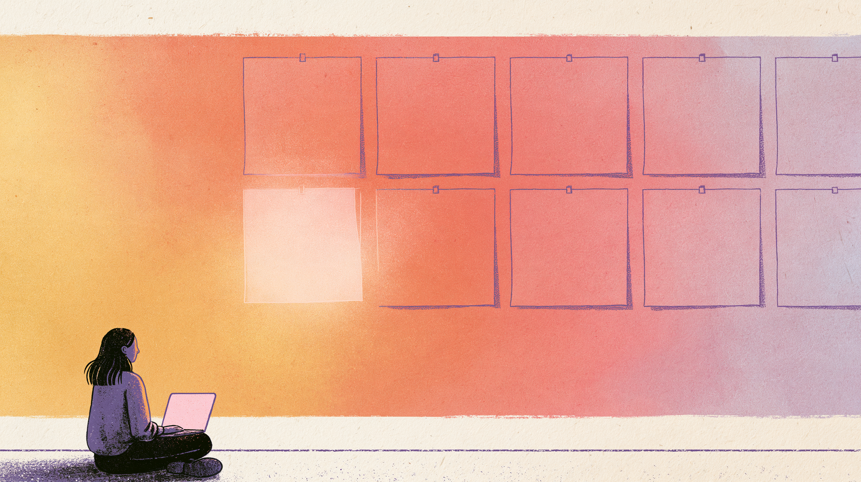 Illustration of a woman at a laptop beside six paper cards, one of them blank
