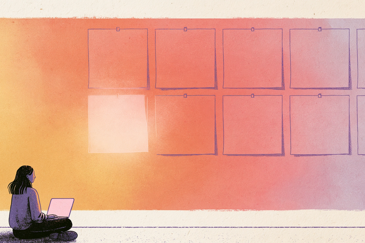 Illustration of a woman at a laptop beside six paper cards, one of them blank