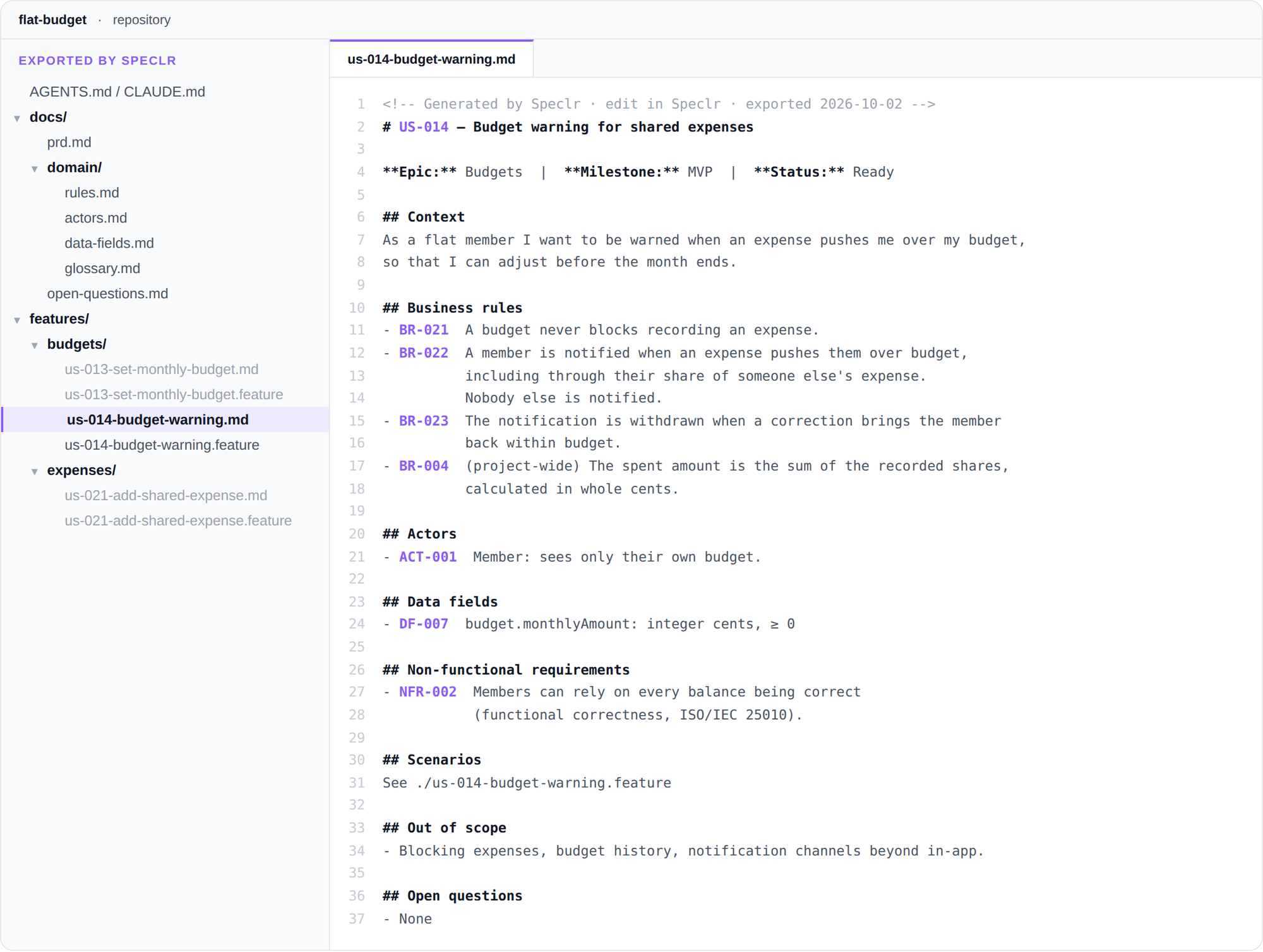 Speclr export in the repository: a file tree with AGENTS.md / CLAUDE.md, docs/ and features/, next to the generated story spec for US-014, budget warning for shared expenses.