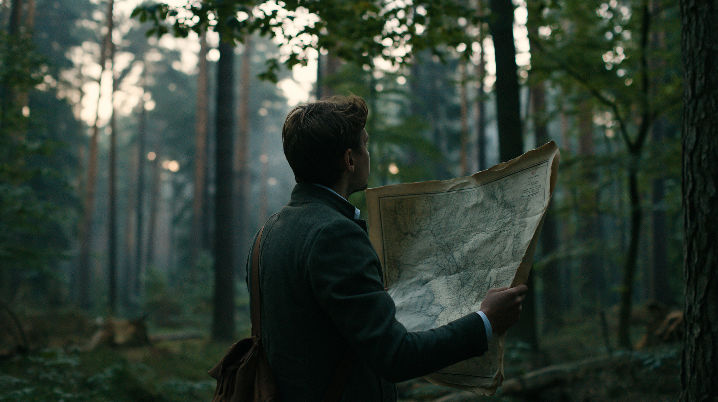 A lone person standing in a dense forest at dusk, holding an extremely precise, meticulously annotated paper map. The map is perfectly detailed, but the surrounding trees are clearly a different forest than the one on the map.