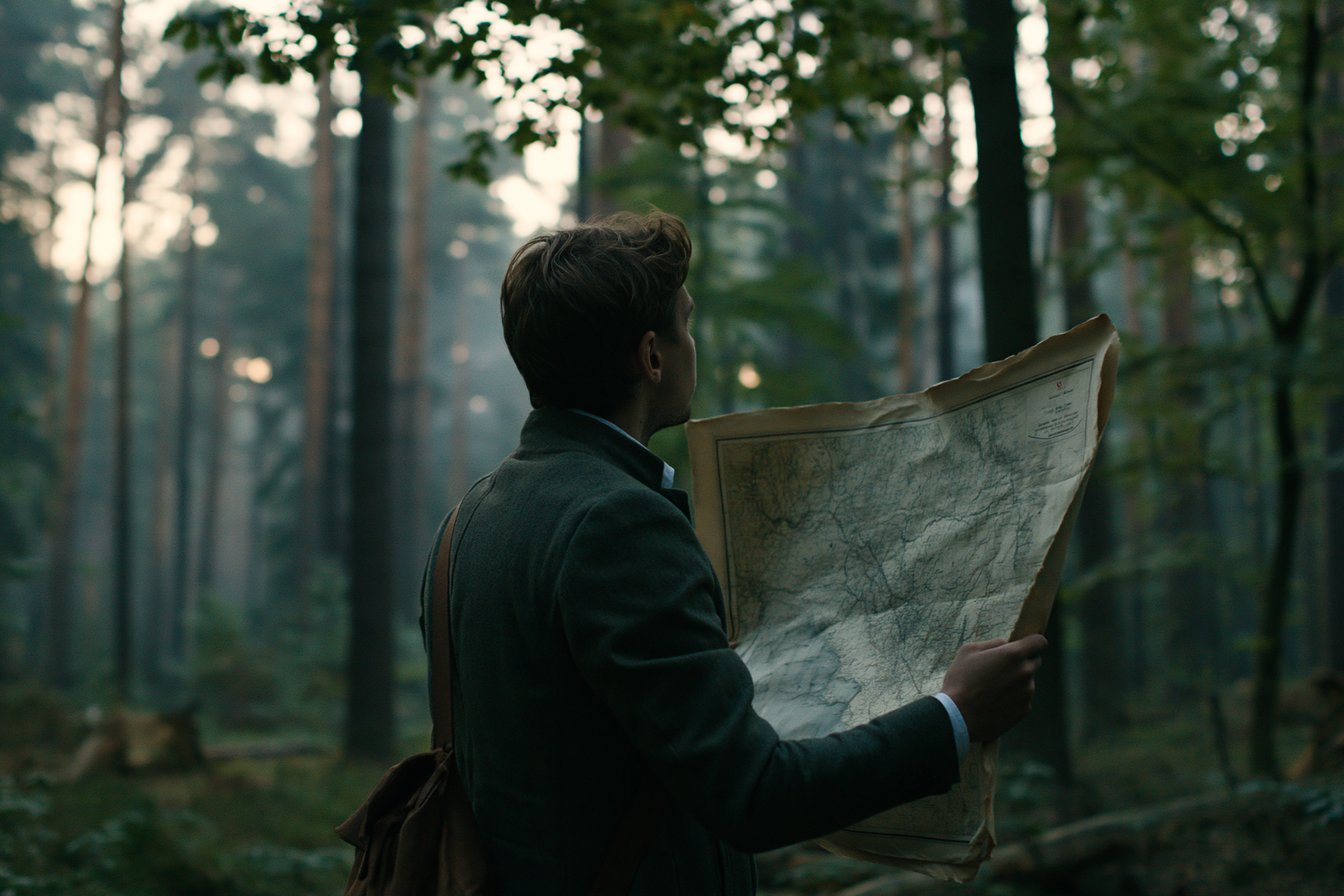 A lone person standing in a dense forest at dusk, holding an extremely precise, meticulously annotated paper map. The map is perfectly detailed, but the surrounding trees are clearly a different forest than the one on the map.