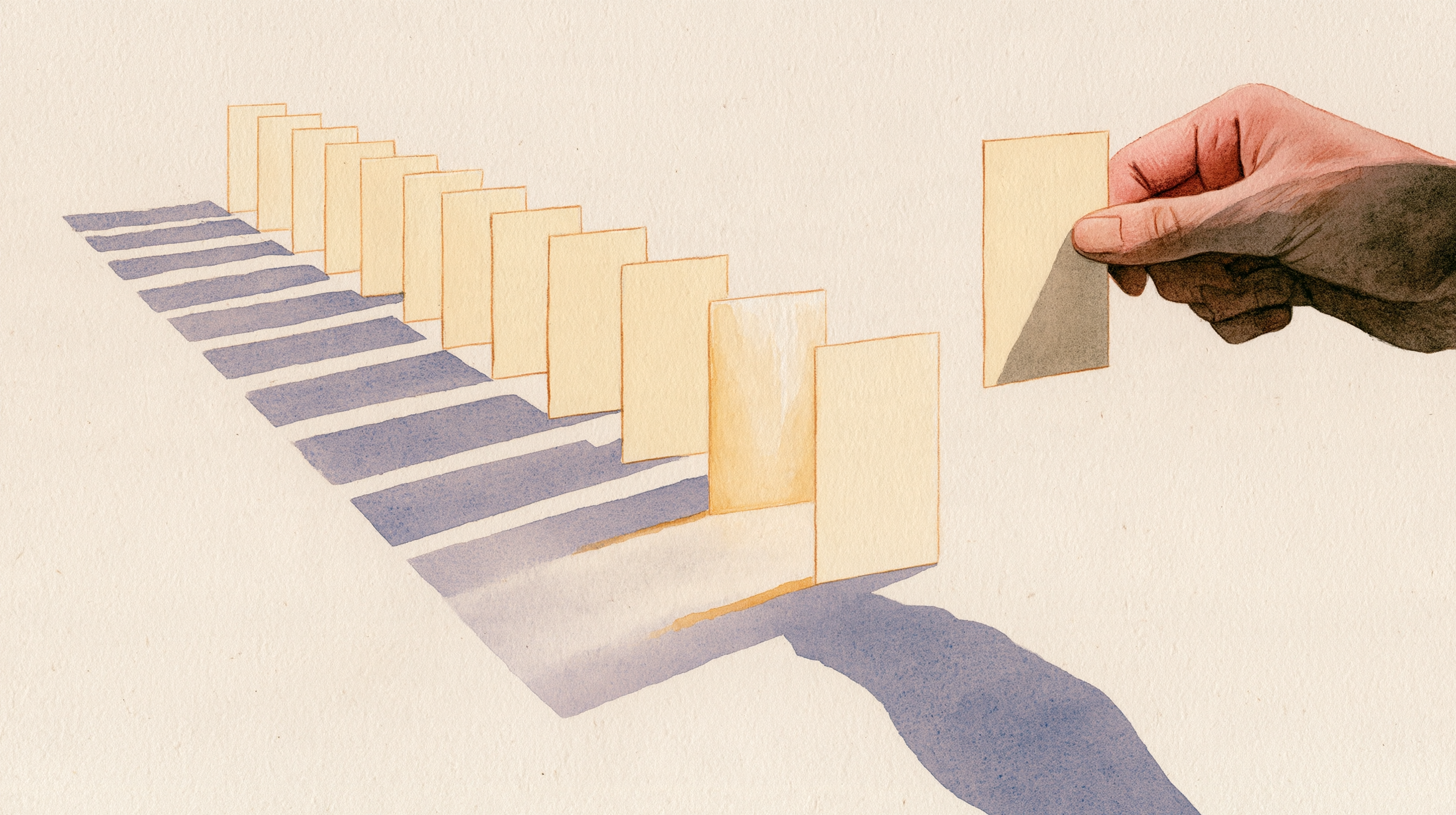 Watercolor illustration of a long row of identical cream paper cards casting violet shadows, with a hand holding one card up to inspect it