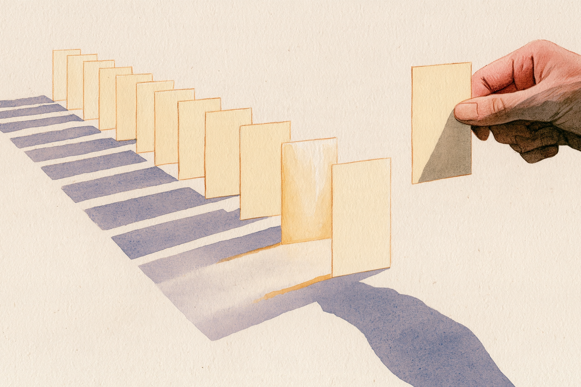 Watercolor illustration of a long row of identical cream paper cards casting violet shadows, with a hand holding one card up to inspect it