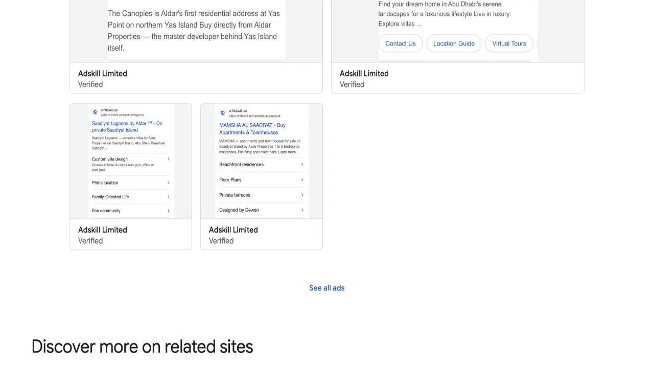 Google ads leading to Whitewill pages under the verified advertiser name Adskill Limited