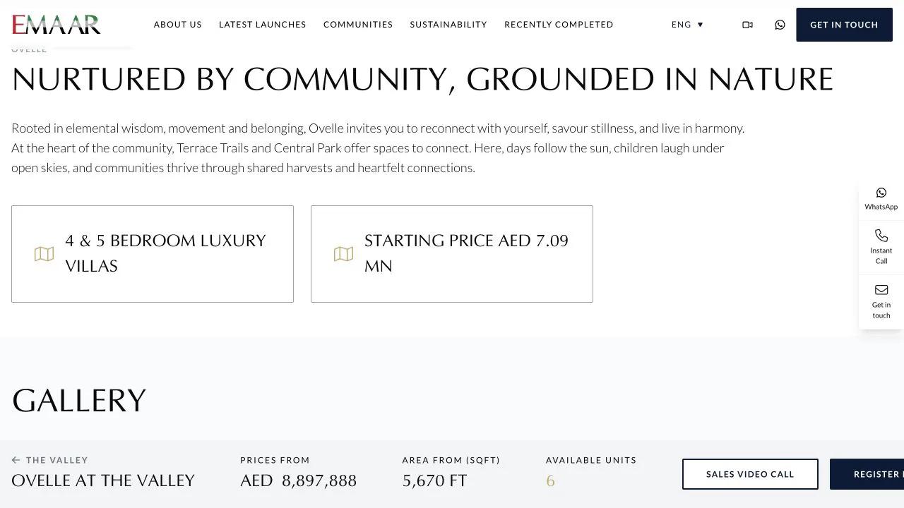 Emaar Ovelle landing page with starting price and live inventory strip