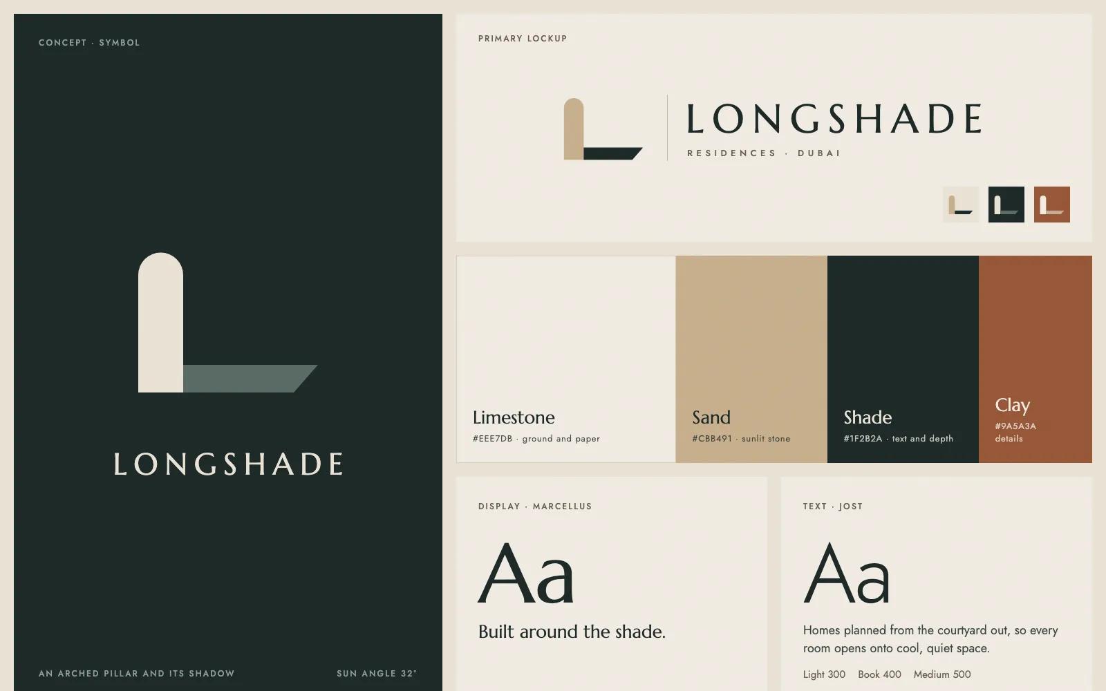 Longshade concept identity sheet: logo, colors and typefaces