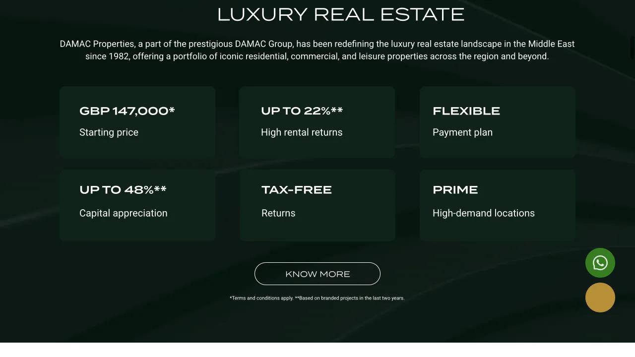 DAMAC GBP landing page with price and financial claims