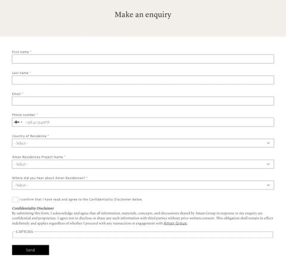Aman Dubai inquiry form with a required checkbox to agree to the confidentiality disclaimer above the Send button