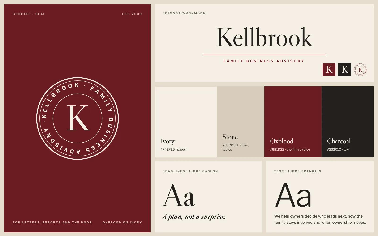 Kellbrook concept identity sheet: logo, colors and typefaces