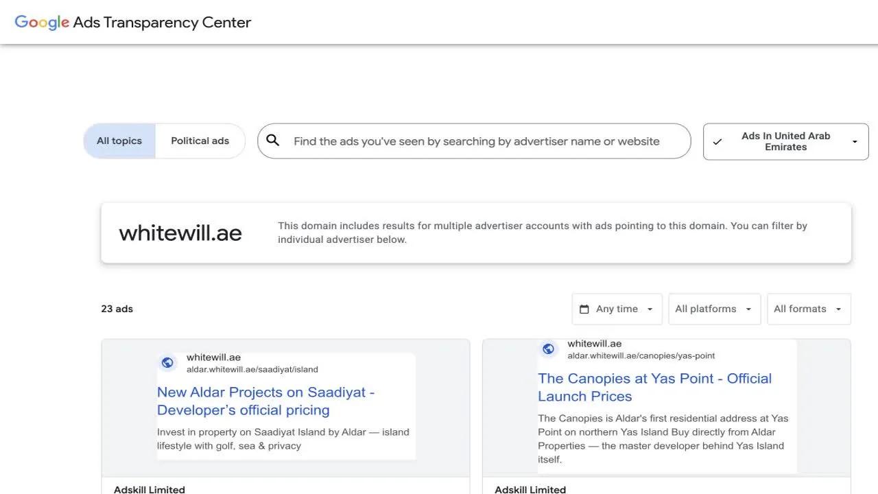 Google Ads Transparency Center results for Whitewill with UAE and all-platform filters