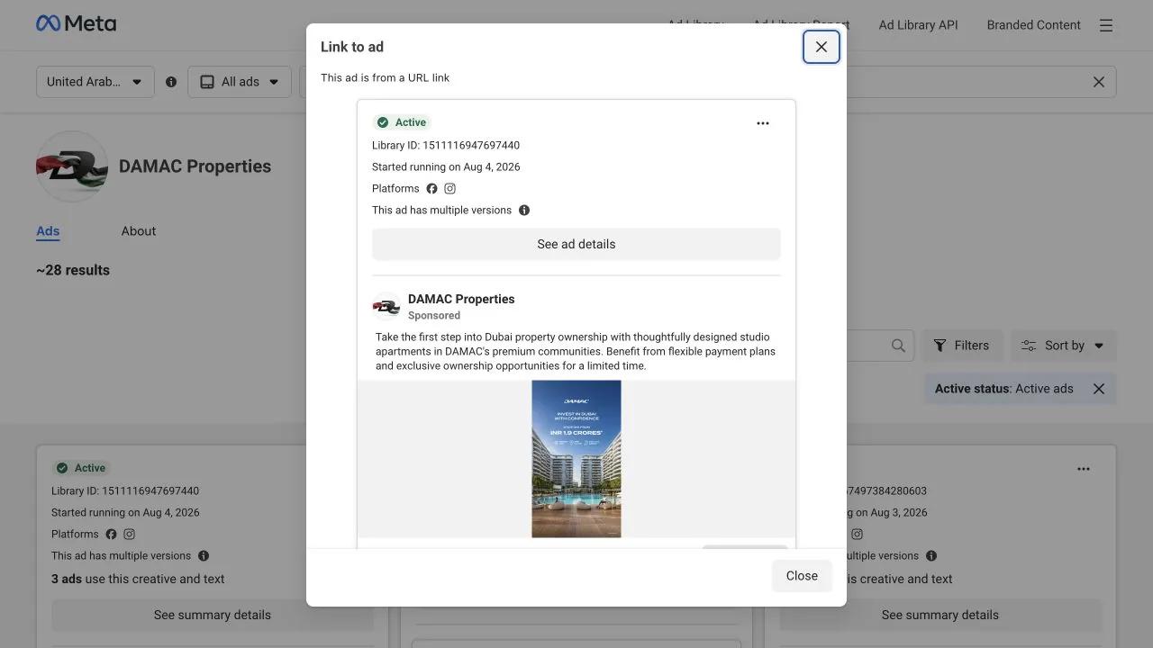 Meta Ads Library record for DAMAC studio apartments