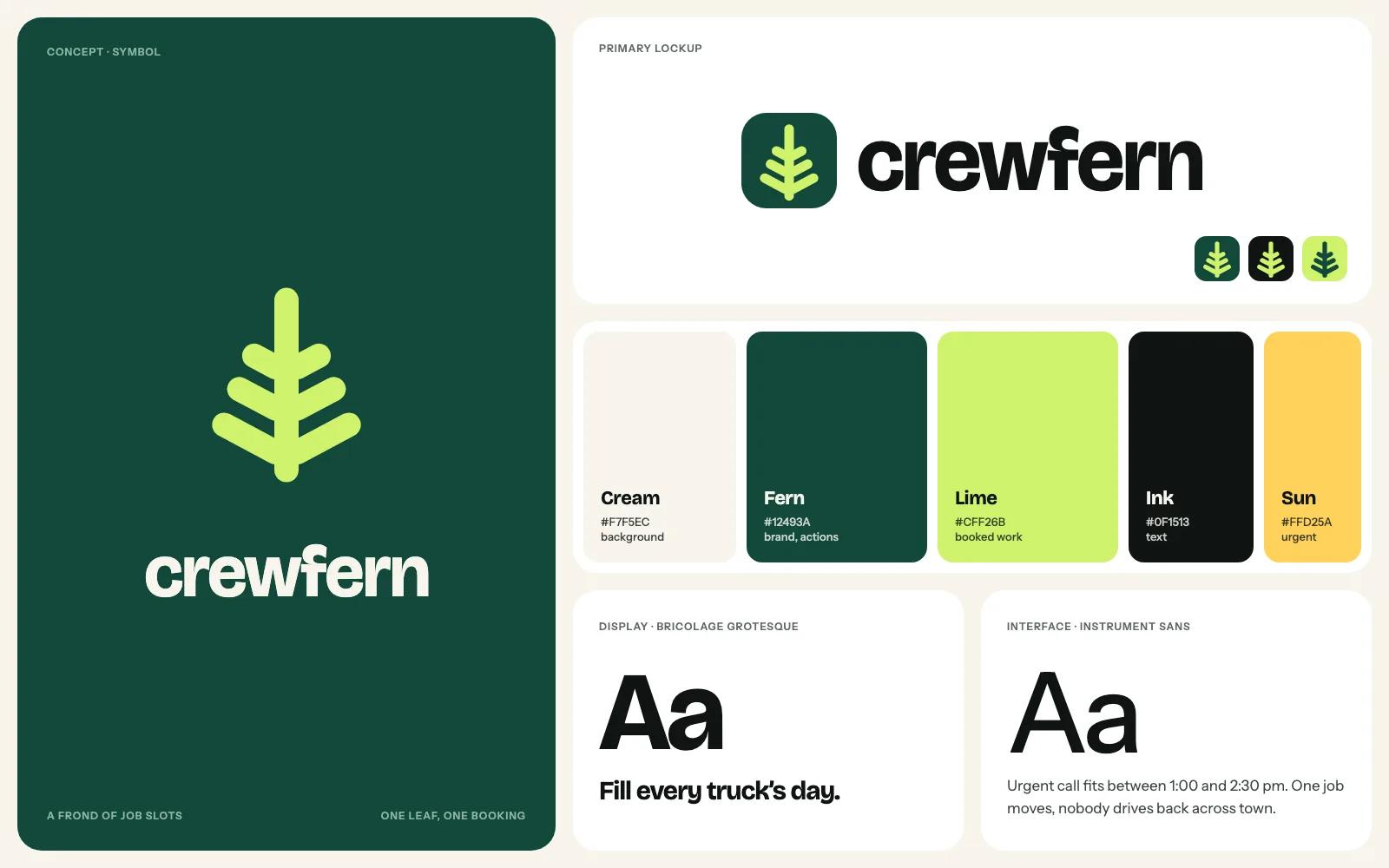 Crewfern concept identity sheet: logo, colors and typefaces