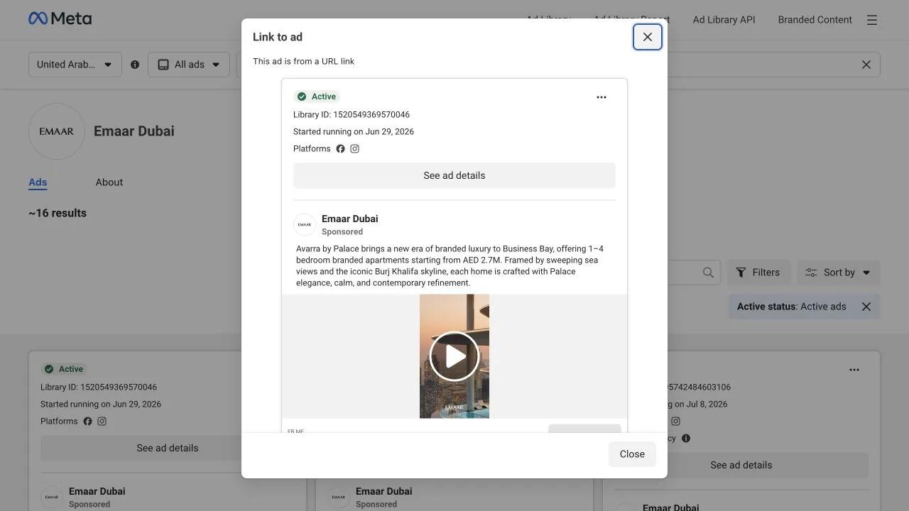 Meta Ads Library record for Emaar Avarra by Palace