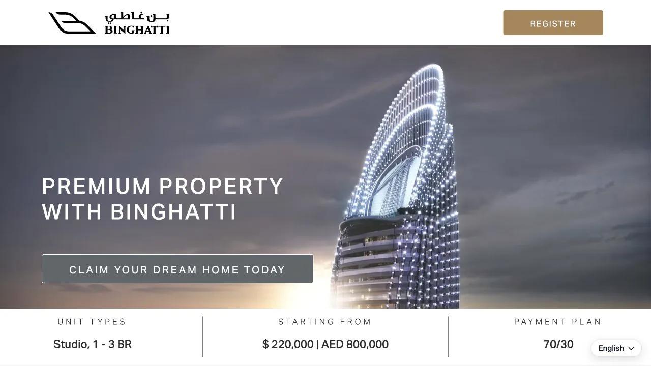 Binghatti portfolio page with starting price and payment plan