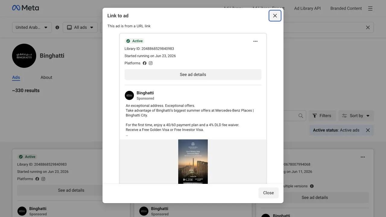 Meta Ads Library record for a Binghatti offer