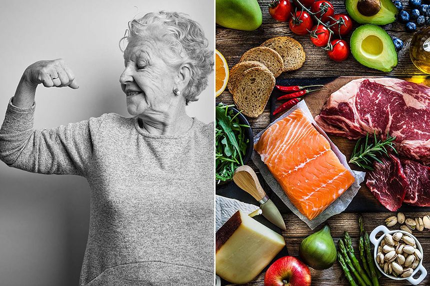 Kvinna spänner musklerna - Bricka full med mat och grönsaker