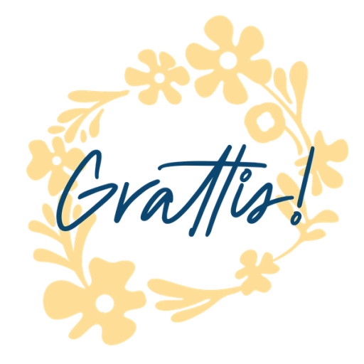 Illustration gul blomsterkrans med blått grattis i text