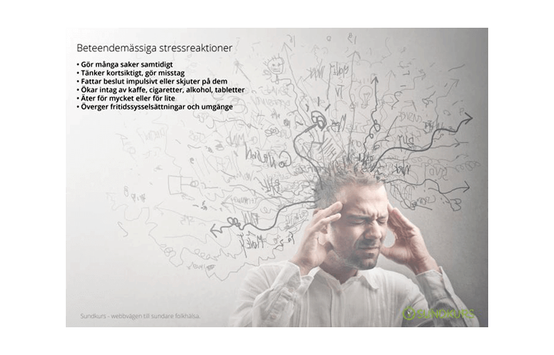 Stressad person med grafik som visar röriga tankar