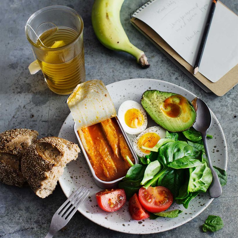 Ägg, avokado, tomater , spenat och bröd med mera på en tallrik.